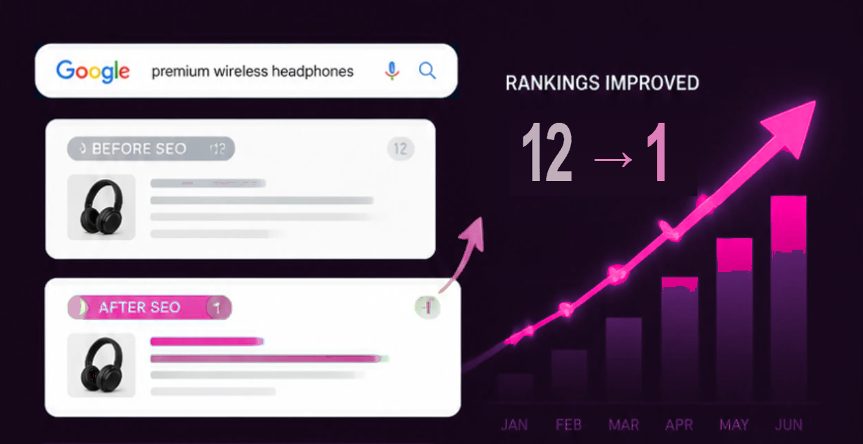 A Google search before and after SEO, with the ranking climbing month by month