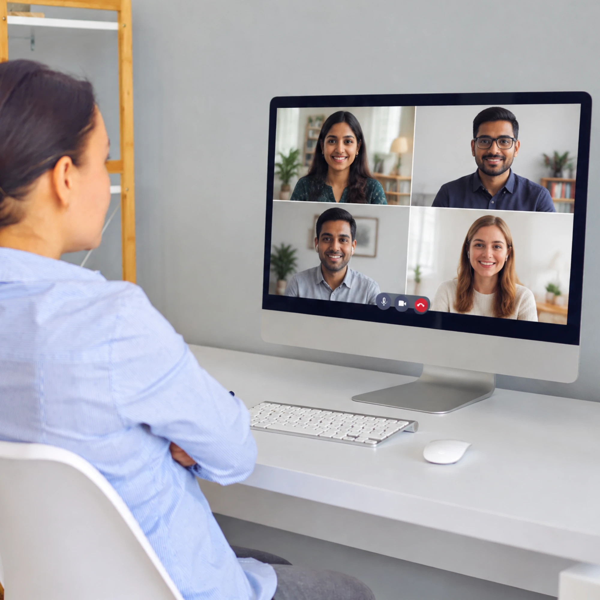 A client on a video call with four members of an SEO team