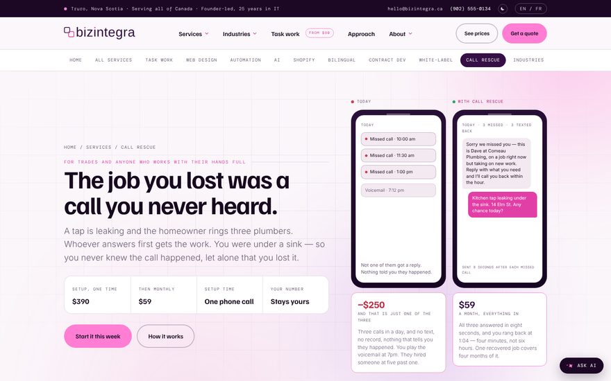 The call rescue page, showing two phones comparing a missed call with and without the service